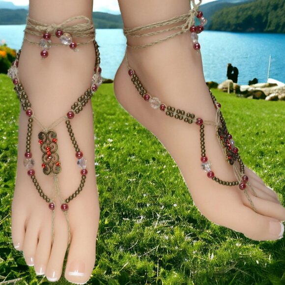 NEW  Red, Gold, and Crystal Barefoot Sandals. - Picture 5 of 6